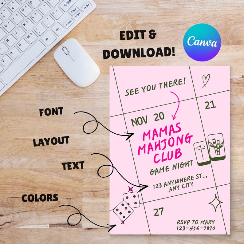 May include: A pink digital flyer template for Mamas Mahjong Club game night featuring a calendar grid, mahjong tiles, dice, and text including See You There, Nov 20, 123 Anywhere St, Any City, and RSVP to Mary 123-456-7890, with Canva branding.