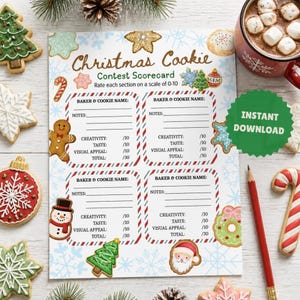 Puede incluir: Una tarjeta de puntuación de concurso de galletas navideñas blanca con bordes a rayas rojas y azules, con ilustraciones de hombres de jengibre, muñecos de nieve, Santa y galletas, con campos para nombres, notas y puntuaciones de creatividad y sabor.