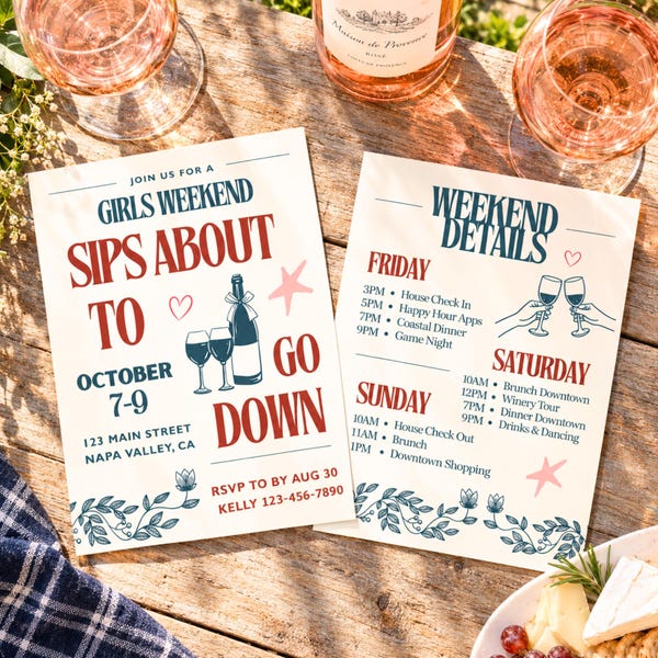 Girls Weekend Invitation Template, Wine Weekend Invite, Vineyard Girls Trip, Editable Canva Evite + Itinerary, Winery Moms Trip