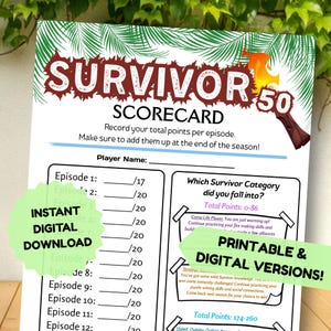 Può includere: Un tabellone segnapunti Survivor bianco con uno striscione marrone e verde in alto. Il tabellone segnapunti include sezioni per registrare i punti per episodio e una ripartizione per categoria. Il testo include "Download digitale istantaneo".
