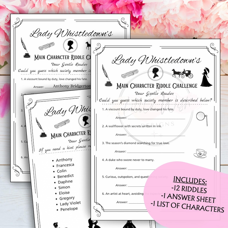 Lady Whistledown Character Riddles Game, Bridgerton Inspired, Bridal ...