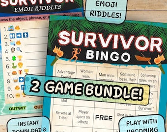 Gry imprezowe Survivor do druku, Survivor 50, zestaw 2 gier, zagadki emoji + Survivor Bingo, oglądanie imprez, natychmiastowe pobranie cyfrowe