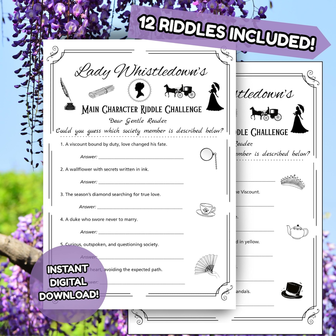 Lady Whistledown Character Riddles Game, Bridgerton Inspired, Bridal ...