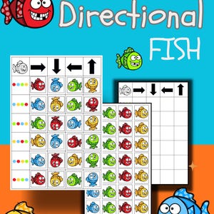 May include: A colorful educational poster with the words "VISUAL PERCEPTION" and "Directional FISH". The poster features cartoon fish and directional arrows, designed for learning and visual exercises. The background is a vibrant mix of blue and orange.
