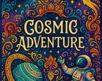 May include: A vibrant illustration with the words "COSMIC ADVENTURE" in gold lettering. The image features a rocket, planets with rings, an astronaut, and swirling decorative elements in shades of blue, orange, and purple, set against a starry background.