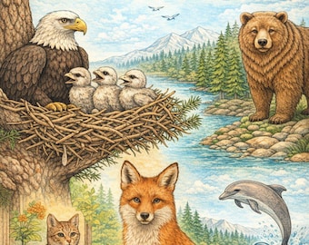 Digitale PDF realistische Ausmalbilder der wild lebenden Tiere für Erwachsene - sofort Download