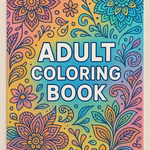 May include: A colorful adult coloring book with a floral design. The cover features the words "ADULT COLORING BOOK" in large white letters, surrounded by intricate flowers and leaves in shades of orange, blue, and yellow.