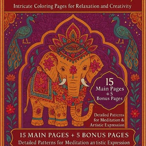 Può includere: Copertina di un libro da colorare intitolata "INDIA: The Art of Ornaments and Beauty". La copertina presenta un elefante arancione con decorazioni floreali, su uno sfondo viola e rosso con illustrazioni di pavoni. Il testo include "Intricate Coloring Pages".