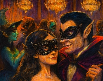 May include: A painting depicting a masked ball scene. A couple in elaborate masks dance, with other costumed figures and chandeliers in the background. The title "Masquerade of Shadows" is displayed at the top.