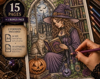 Gothic Coloring Pages for Adults, Witchy Coloring Pages, Dark Fantasy Printable, Halloween Coloring Pages, Digital Download