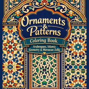 May include: A coloring book titled "Ornaments & Patterns" with a navy blue cover. The cover features ornate, colorful geometric designs in shades of blue, orange, and green. Text includes "Arabesques, Islamic Geometry & Moroccan Zellij".