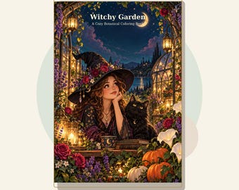 May include: A colouring book titled Witchy Garden: A Cozy Botanical Colouring Book. The cover features an illustration of a person in a wide-brimmed hat with a black cat, surrounded by glowing lanterns, flowers, and pumpkins under a crescent moon.