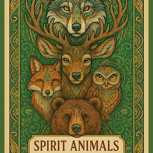 May include: A coloring book titled "Spirit Animals" features detailed illustrations of a wolf, deer, fox, owl, and bear. The cover has a green and gold decorative border and the animals are in a symmetrical arrangement.