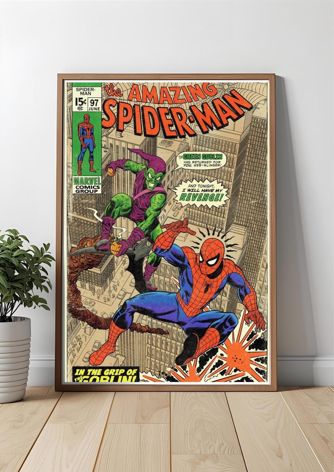 スパイダーマン vs グリーンゴブリンのポスター：レトロコミックアート