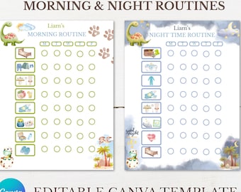 Tableau des routines des dinosaures • Programme du matin et de la nuit modifiable (modèle canva)