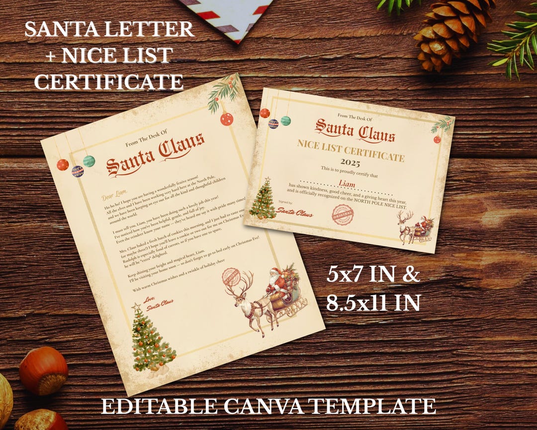 Editable Santa Letter Template & Nice List Certificate (digital ...