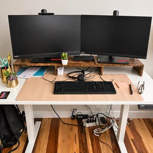 Adjustable Dual Monitor Stand Riser with Smartphone Holder | Wooden Monitor Stand | Desk Organizer | Dual Monitor Riser | Office Decor