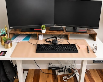 Adjustable Dual Monitor Stand Riser with Smartphone Holder | Wooden Monitor Stand | Desk Organizer | Dual Monitor Riser | Office Decor