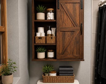 Farmhouse Wooden Bathroom Cabinet with Sliding Barn Door | Medicine Cabinet | Farmhouse Decor | Toilet Cabinet | Kitchen Cabinet