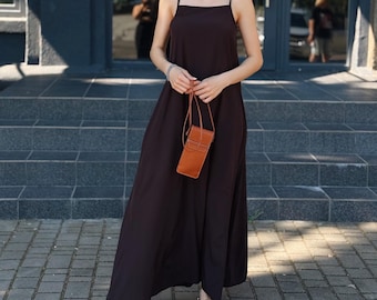 Abito sottoveste lungo da donna, abito con spalline sottili e cintura, abito lungo estivo svolazzante, prendisole lungo minimalista