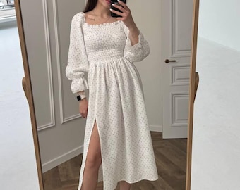 Muslin Midi Dress with Smocked Bodice, Puff Sleeve Side Slit Dress, Square Neck Cotton Gauze Dress