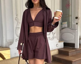 Linen 3 Piece Set for Women, Oversized Shirt Shorts and Crop Top, Summer Linen Outfit Set