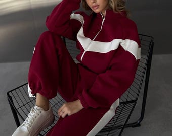 Damen Trainingsanzug Set mit Kontrasteinsätzen, Fleece Zweiteiler, Zip Up Hoodie, Streetwear Trainingsanzug