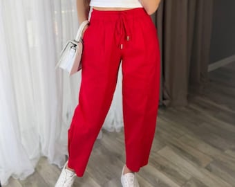 Linen Drawstring Pants Women, High Waist Tapered Trousers, Stretch Linen Summer Pants
