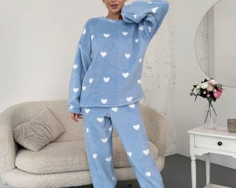 Plush Pajamas Set with hearts, Soft Warm Loungewear, Cozy Winter Sleepwear, Plush Fluffy Pajamas, Plush Suit