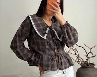 Plaid Flannel Blouse Women, Lace Collar Puff Sleeve Top, Tie Front Ruffle Shirt, Cottagecore Spring Blouse
