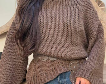 Maglione da donna a maglia grossa, pullover oversize con maniche a palloncino, top a maglia ampio, maglieria casual