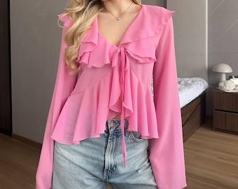 Ruffle Chiffon Blouse Women, Tie Front Crop Top with Bell Sleeve, Layered Going Out Blouse
