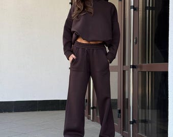 Übergroßes Hoodie-Set für Damen, Fleece-gefütterter Trainingsanzug, kuschelige, zweiteilige Loungewear aus Baumwolle, lässiges Sweatshirt & Jogger, Frühlingsanzug