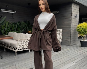 Angora Knit Set for Women - Ribbed Cardigan with Palazzo Pants,  Kimono Spring Loungewear