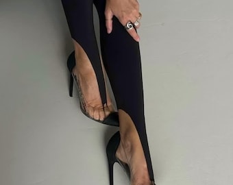 Black Stirrup Leggings for Womens, High Waisted Tights, Stretch Shaping Spring Leggings