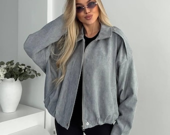 Velvet Oversized Jacket Women, Zip Up Bomber Jacket, Corduroy Spring Jacket, Oversize Coat
