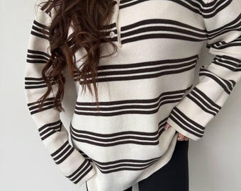 Knit Sweater with Soft Collar for Women, Relaxed Fit with V-neck, Cozy Casual Wear, Comfortable Fall Winter Top, Made in Ukraine