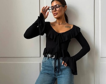 Women’s Stretch Long Sleeve Top, Soft Microdiving Slim Shirt, Fitted Ribbed Style Longsleeve, Minimalist Basic Layering Top