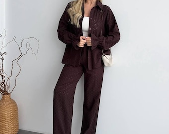 Eyelet Shirt and Pants Set Women, Button Blouse Wide Leg Trouser Set, Two Piece Spring Outfit, Boho Summer Set