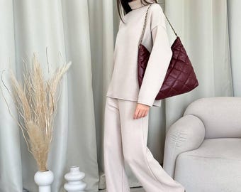 Women knit lounge set, high-waist relaxed pants & top, cotton cozy outfit, oversized casual wear
