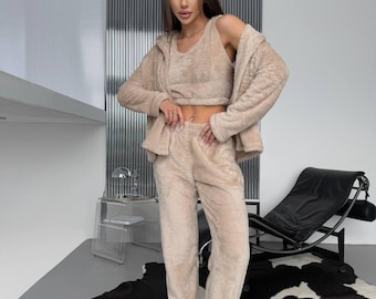 Fleece 3 Piece Pajama Set, Plush Crop Top Cardigan and Pants, Soft Lounge Set Women