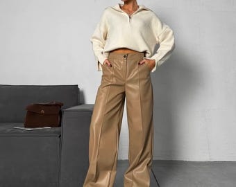 Women Eco Leather Pants with Fleece Lining, High Waist Warm Trousers, Soft Winter Casual Wear, Valentines gift, Made in Ukraine