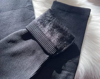 Seamless Fleece Leggings, Ribbed Warm Stretchy Leggings, Cozy Winter High Waist Tights, Made in Ukraine, Valentines gift