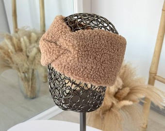Teddy headband turban, soft fleece winter ear warmer, elastic plush hair band for women, handmade in Ukraine, Valentines day gift