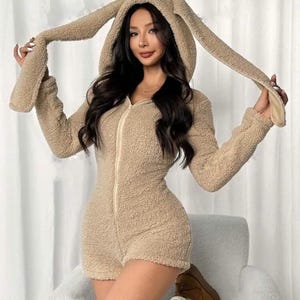 Teddy Fur Bunny Onesie – Women's Hooded Jumpsuit Pajama image 19