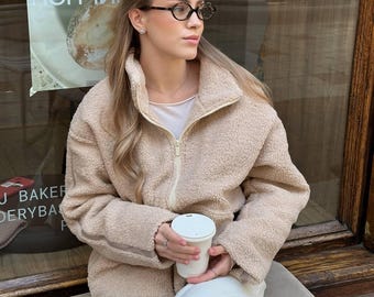 Women's Oversized Faux Shearling Coat, Faux Fur Winter Jacket, Quilted Lining Outerwear