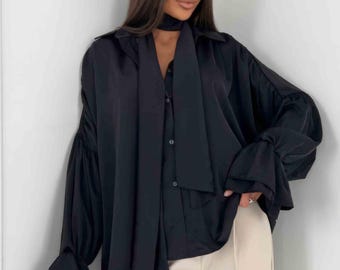 Women’s Silk Blouse with Bow, Elegant Satin Shirt, Feminine Long Sleeve Top for Office & Special Occasions