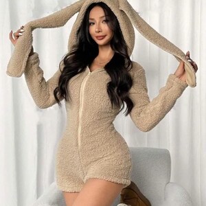 Teddy Fur Bunny Onesie – Women's Hooded Jumpsuit Pajama image 16