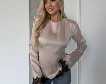 Satin Blouse Women with Lace Trim, Long Sleeve Elegant Top, Structured Office Blouse for Work