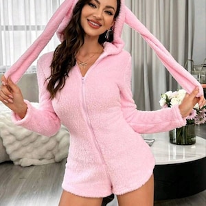 Teddy Fur Bunny Onesie – Women's Hooded Jumpsuit Pajama image 1